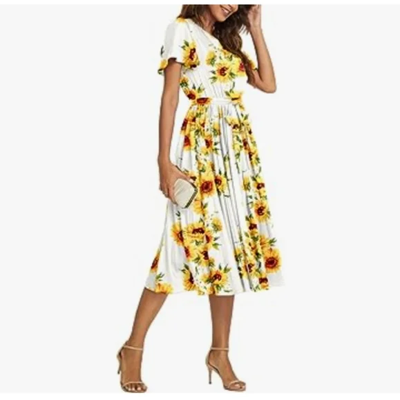 PLUS SIZE NILOUFO Womens Ruffle Sleeves Belted Elastic Waist Pleated Long Dress - Picture 4 of 5